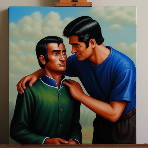 a painting of two men touching each other's shoulders, with a sky background and clouds in the background, by Kent Monkman