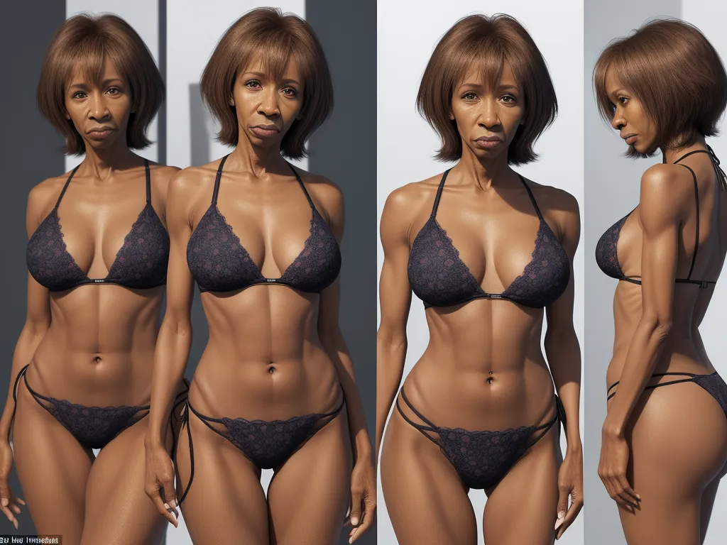 ai image generator text - a woman in a bikini and panties posing for a picture in three different poses, both of which are very large, by Terada Katsuya