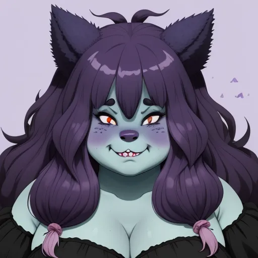 a cartoon character with purple hair and a cat's head on her chest, wearing a black bra, by Lois van Baarle