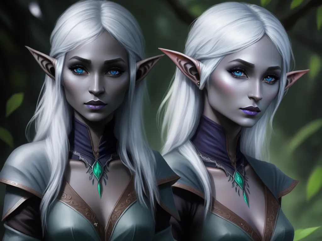 convert image to text ai - two white haired women with blue eyes and white hair, one with green leaves on her head and one with blue eyes and one with green leaves on her head, by Lois van Baarle