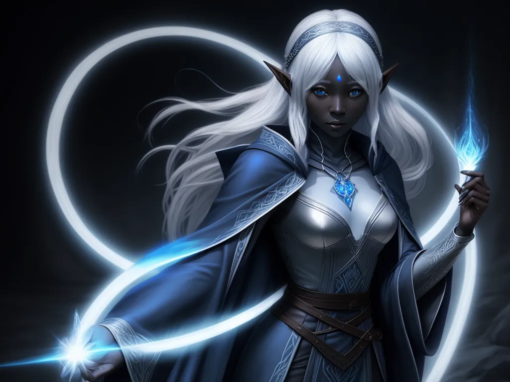 ai generated images free - a woman with white hair and a blue cape holding a blue light saber in her hand and a ring around her neck, by Daniela Uhlig