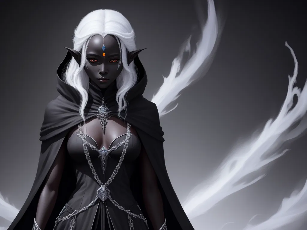 image convert - a woman with white hair and a black cape and a white dress with wings on her shoulders and a black cape on her shoulders, by Lois van Baarle