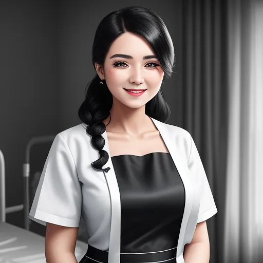 translate image online - a woman in a black and white dress standing in a room with a bed and a curtain behind her, by Chen Daofu