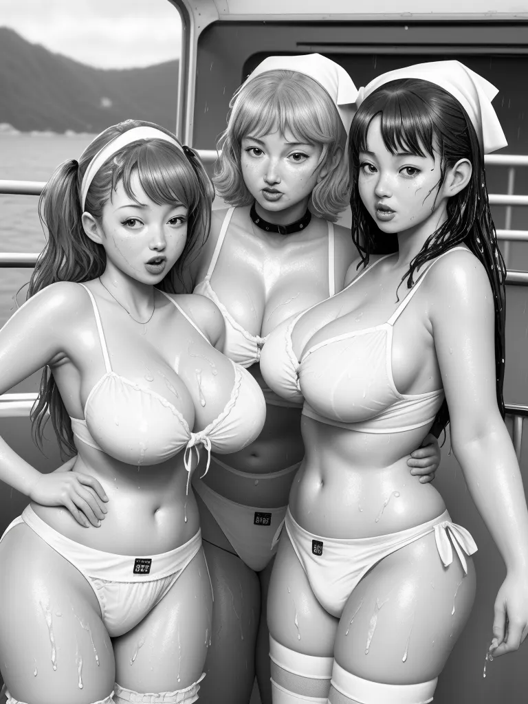 three women in lingerie posing for a picture on a boat in the water with a boat in the background, by Hirohiko Araki