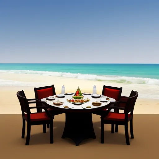 a table with a christmas tree on it on a beach with a view of the ocean and a beach, by Toei Animations