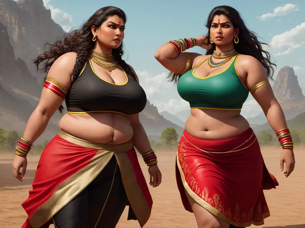 two women in a desert area with mountains in the background and a sky in the background, both wearing belly rings and skirts, by Raja Ravi Varma