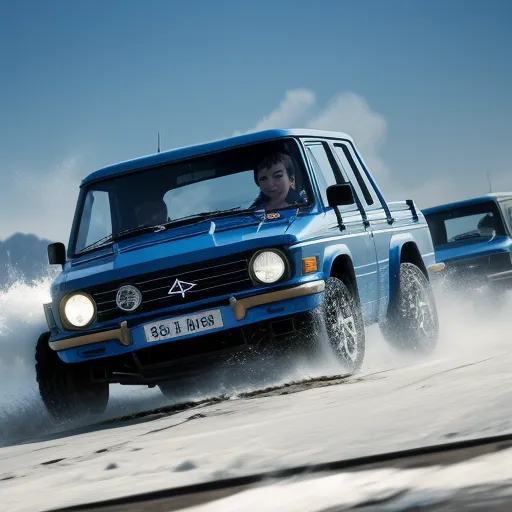 Image Upscale A Blue Truck Driving Down A Snow Covered Road