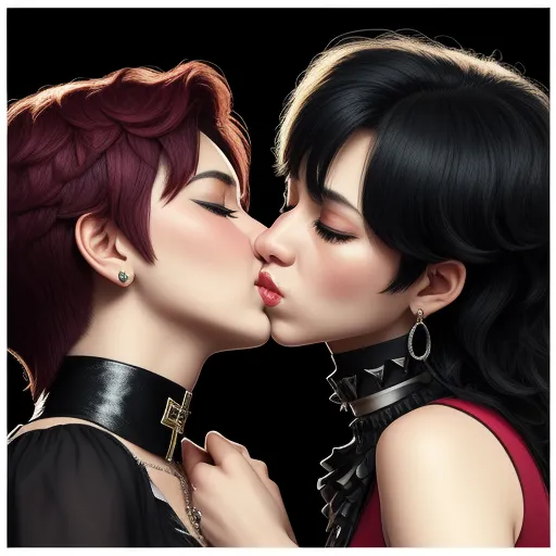 convert image to text ai - two women kissing each other with their heads close together, with one woman wearing a black dress and the other wearing a red dress, by Chen Daofu