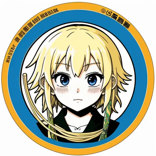 high quality photos online - a cartoon character with blonde hair and blue eyes in a circle with a yellow border around it, with the words,, by Hiromu Arakawa