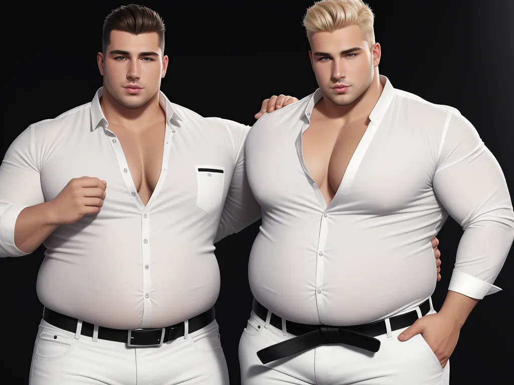 generate images from text - two men in white shirts and white pants posing for a picture together with their hands on their hipss, by Botero