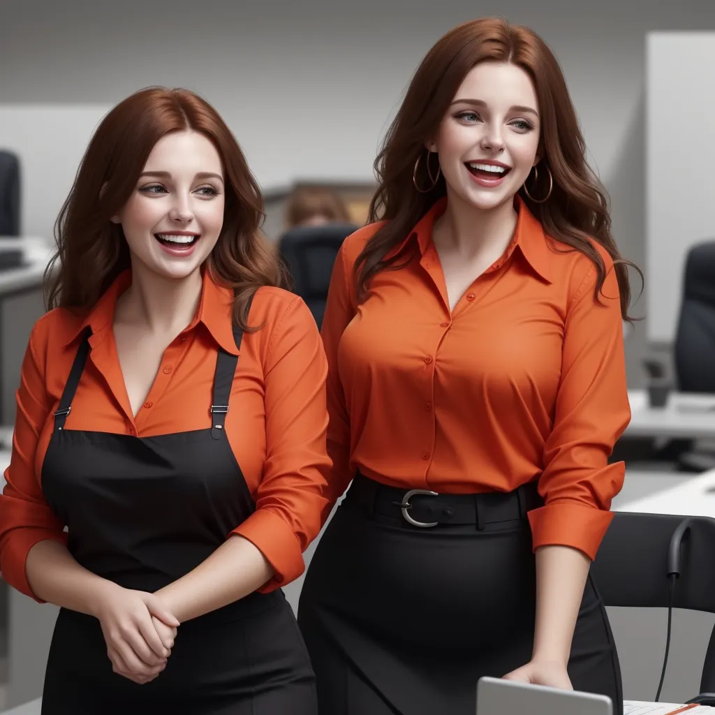 enlarge image - two women in orange shirts and black aprons standing in an office with a laptop computer on the desk, by Hendrik van Steenwijk I