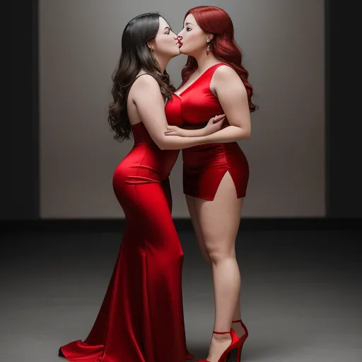 ai generator image - two women in red dresses are kissing each other in a pose with a dark background and a wall behind them, by Edith Lawrence