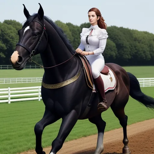 ai that generates images - a woman riding a horse on a dirt track near a field of grass and trees in the background,, by George Stubbs