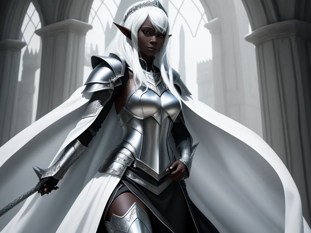 ai-generated images - a woman dressed in a silver armor and holding a sword in a cathedral doorway with columns and arches in the background, by Antonio J. Manzanedo