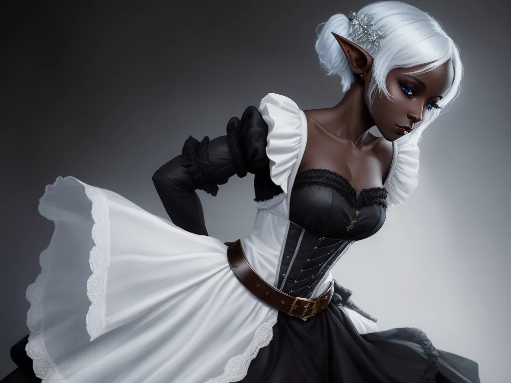 generate picture from text - a woman dressed in a costume with a white wig and black gloves and a white dress with a black belt, by Lois van Baarle