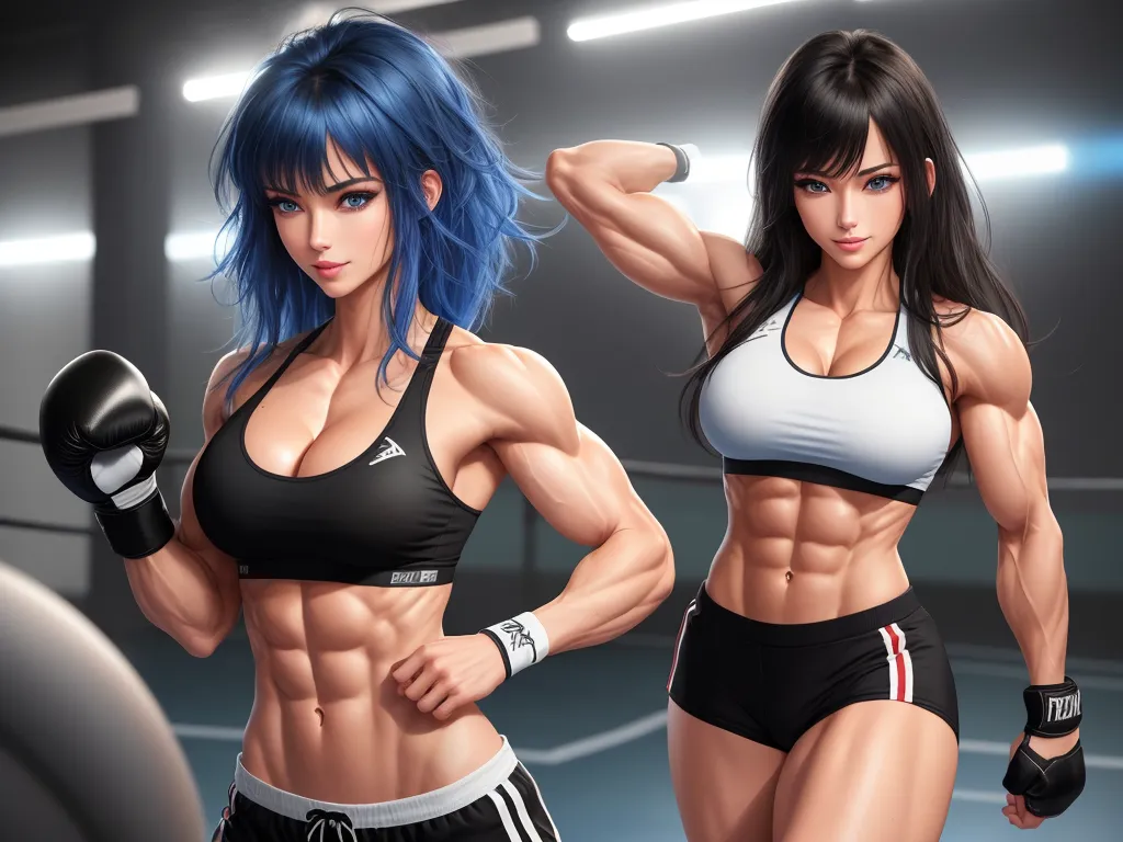 upscaler - two women in sports wear posing for a picture together, with one of them showing her muscles and the other showing her upper half, by Terada Katsuya