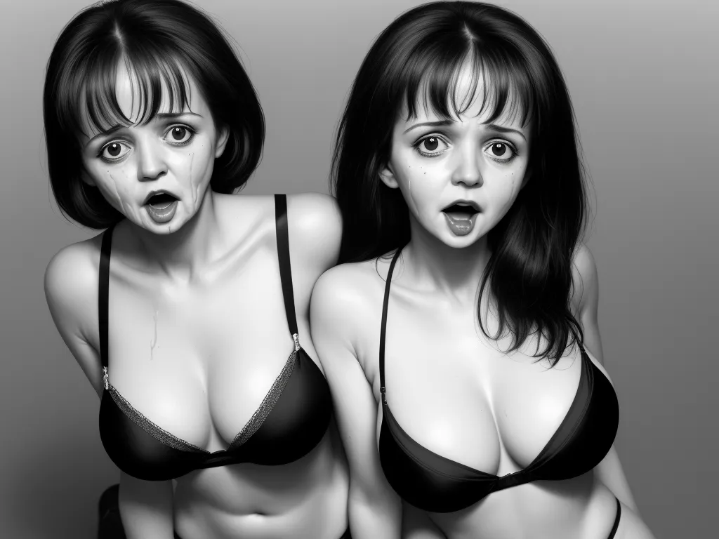 4k resolution picture converter - two women in lingerie posing for a picture together with a surprised look on their faces and shoulders,, by Junji Ito