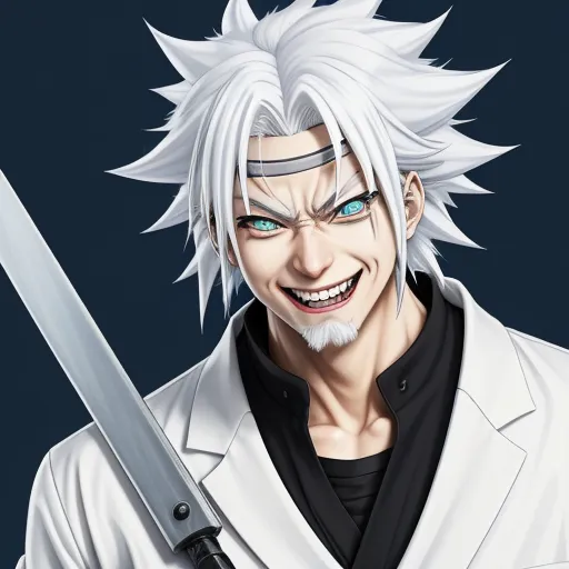 text image generator ai - a man with a sword in his hand and a smile on his face, with a black shirt and white hair, by Baiōken Eishun