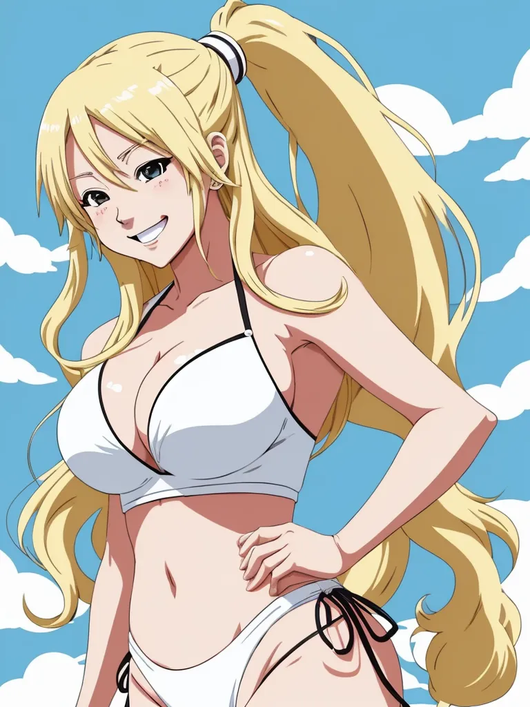 a cartoon girl with long blonde hair and a bikini on a beach with clouds in the background and a blue sky, by Toei Animations