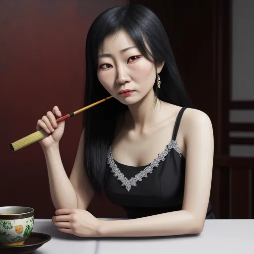 ai generator image - a woman holding a stick to her lip while sitting at a table with a cup of coffee and a saucer, by Liu Ye