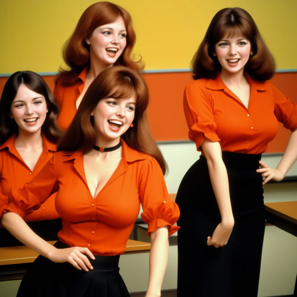 ai image from text - a group of women in orange shirts posing for a picture together in a classroom area with a yellow wall, by Alex Prager