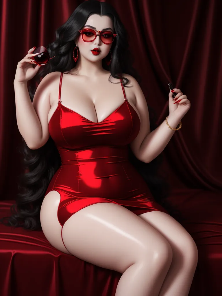 image from text ai - a woman in a red dress and red glasses sitting on a red couch with a cigarette in her hand, by Hanna-Barbera