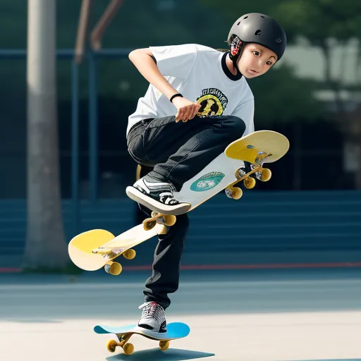 a young boy is doing a trick on a skateboard in the street with his helmet on and his skateboard in the air, by Terada Katsuya