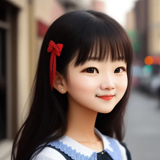 a young asian girl with a red bow in her hair and a white shirt on a city street with buildings, by Chen Daofu