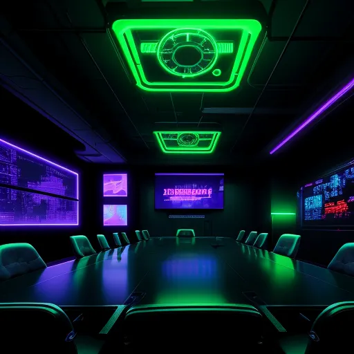 convert to 4k photo - a conference room with a large table and chairs and a projection screen in the background with neon lights on the walls, by Liam Wong