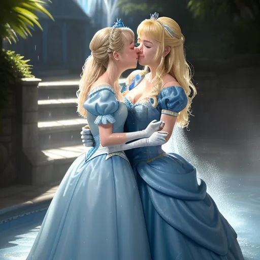 a couple of women in blue dresses kissing each other in front of a fountain with a fountain behind them, by Hanna-Barbera