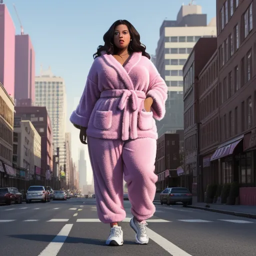 ai generated images from text - a woman in a pink robe walking down a street in a city with tall buildings and tall buildings behind her, by Mickalene Thomas
