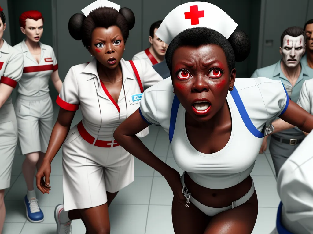 image generator from text - a group of nurses are in a hospital with a woman in a red cross uniform on her face and a man in a white nurse's uniform, by Daniela Uhlig