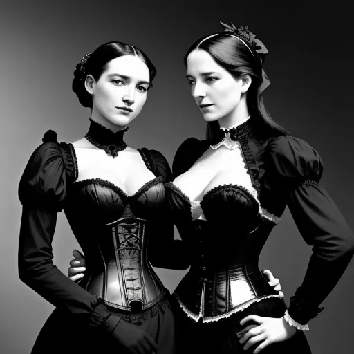 two women in black dresses posing for a picture together, both wearing corsets and bras,, by Jamie Baldridge