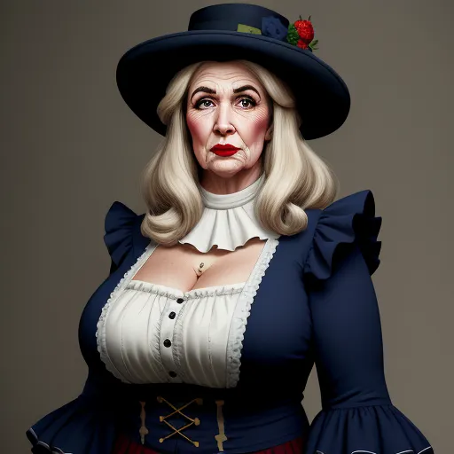 best online ai image generator - a woman in a blue dress and hat with a red rose on her head and a white collared shirt, by Hendrick Goudt
