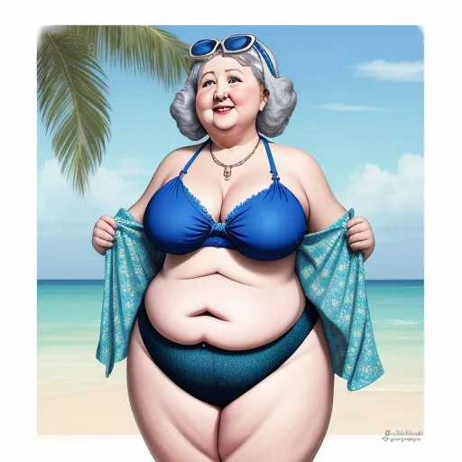 a fat woman in a bikini and sunglasses on the beach with a towel around her waist and a palm tree in the background, by Fernando Botero