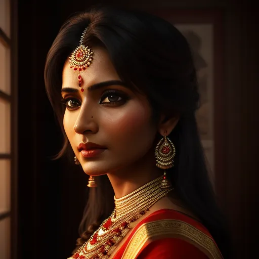 a woman wearing a red and gold outfit and jewelry with a window behind her and a window behind her, by Raja Ravi Varma