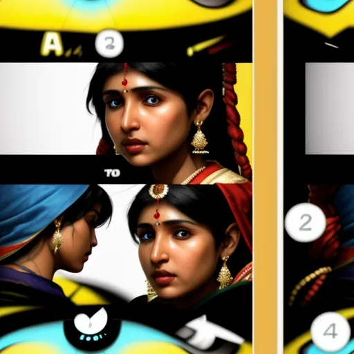 text ai image generator - a series of photos of a woman with different facial expressions and hair styles, with a yellow background and a blue background, by Raja Ravi Varma