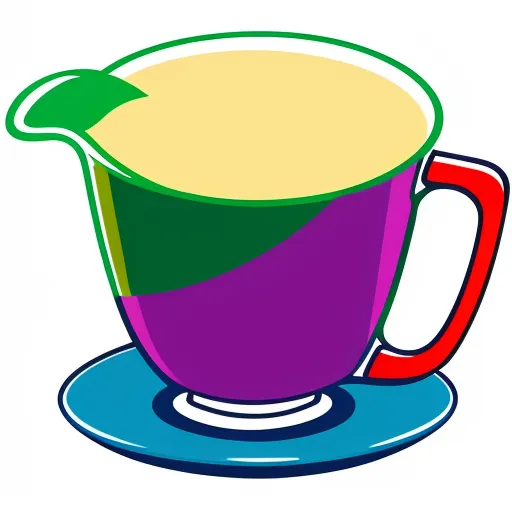 a colorful cup of coffee on a saucer on a plate with a spoon in it and a green leaf on top, by Laurel Burch