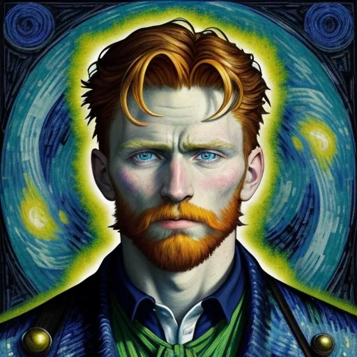 a painting of a man with a beard and a green shirt and tie with a blue background and a yellow swirl, by Vincent Van Gogh