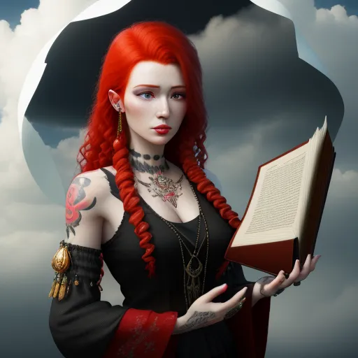 free online ai image generator from text - a woman with red hair holding a book in her hands and a sky background with clouds behind her,, by Tom Bagshaw