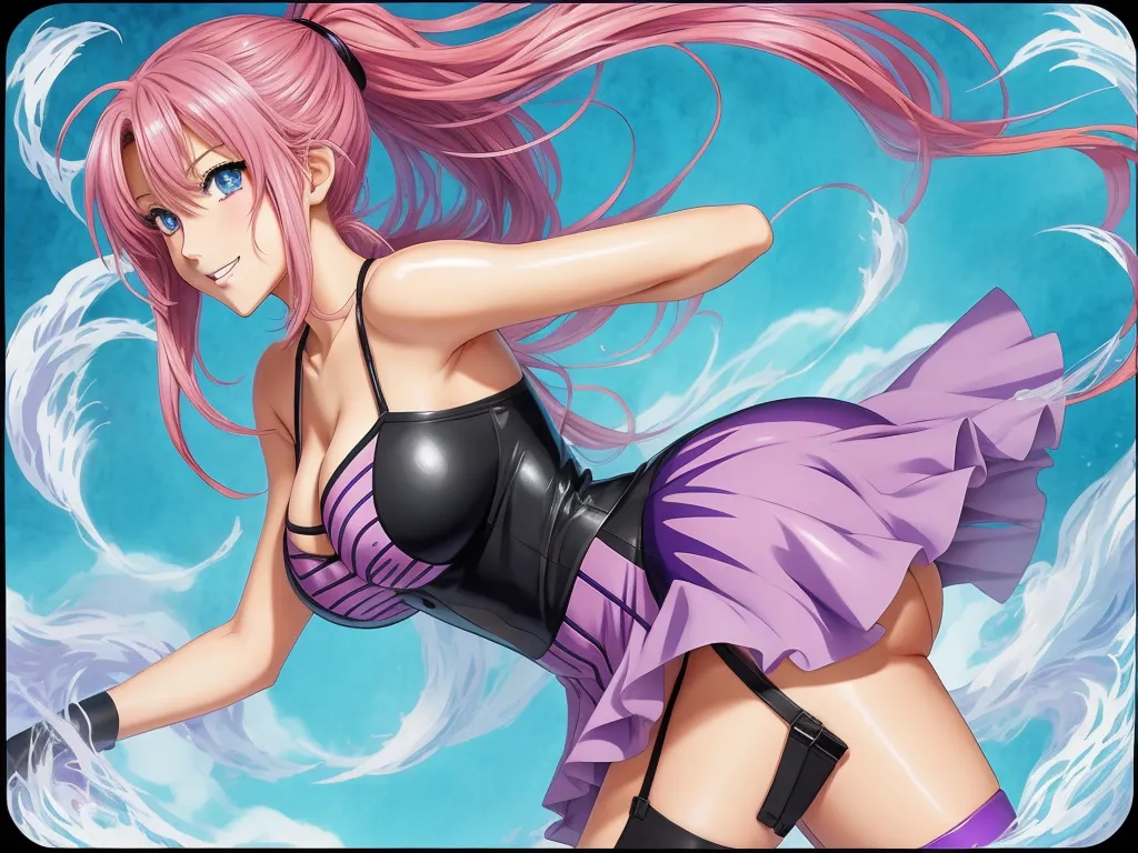 a woman in a purple dress and black boots with pink hair and a black bra top and skirt with a black belt, by Hanabusa Itchō