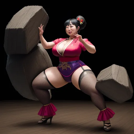 a woman in a pink top and purple skirt with a large rock behind her and a black background behind her, by Toei Animations