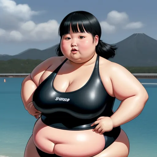 a woman in a black bikini standing on a beach next to the ocean with a mountain in the background, by Fernando Botero