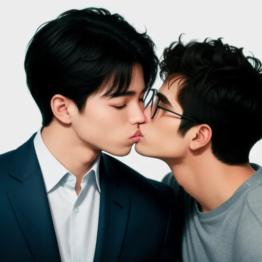 two men kissing each other while wearing glasses and a suit jacket and tie, both wearing glasses and a white shirt, by Chen Daofu