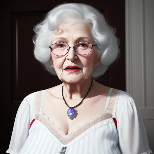 a woman with glasses and a necklace on her neck is posing for a picture in a white dress with a cross on it, by Alec Soth