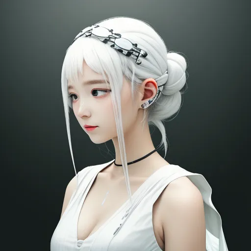 a woman with white hair and a white dress with a chain around her neck and a black choker around her neck, by Chen Daofu