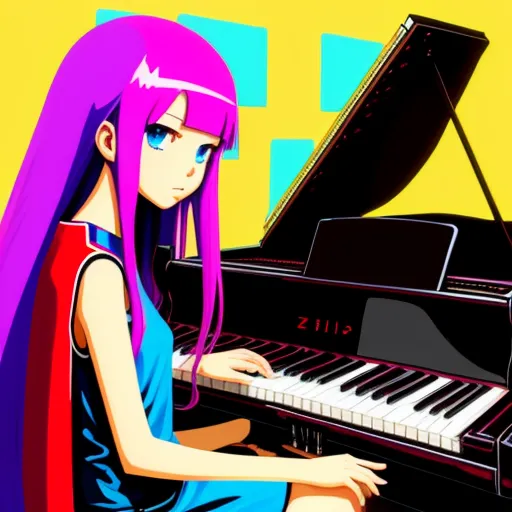a girl with long pink hair sitting at a piano playing a song on a yellow background with a pink and purple hair, by Toei Animations