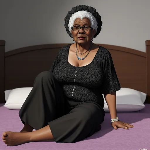 a woman sitting on a bed with a black top and a white headband on her head and a purple blanket, by Barkley Hendricks