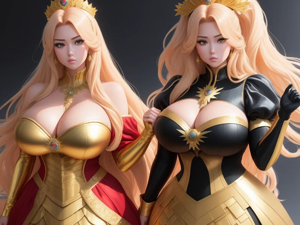 highest resolution image - two women dressed in costumes with big breastes and gold crowns on their heads, one of them is wearing a black and gold outfit, by Sailor Moon