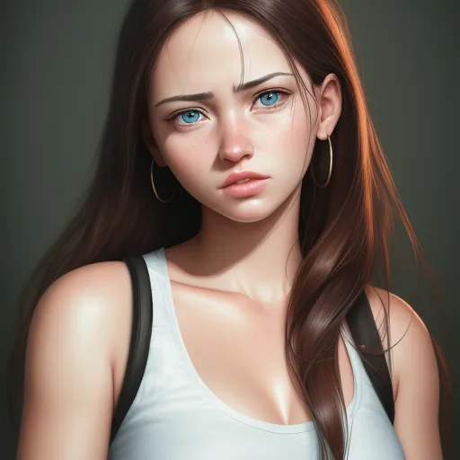 enhance image quality - a digital painting of a woman with blue eyes and long hair wearing a white tank top and gold hoop earrings, by Daniela Uhlig